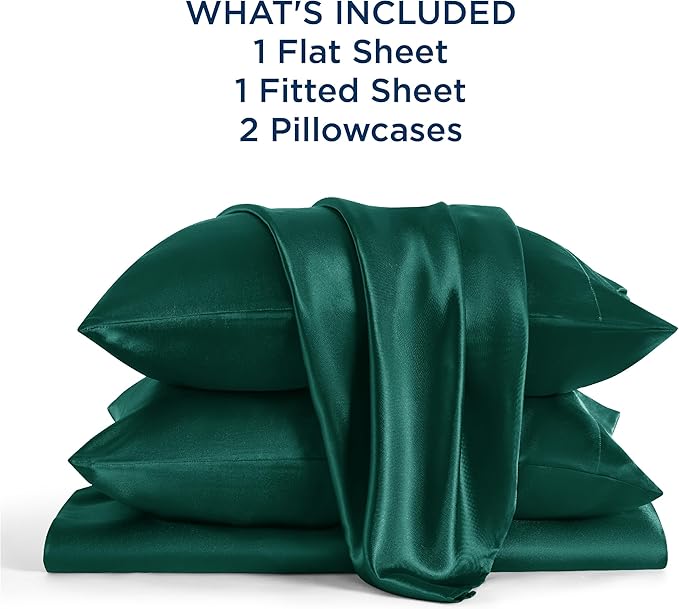 Bedsure Satin Sheets King Size - 4 Piece Silky Bedsheets with 15 Inches Deep Pocket Fitted Bedsheet,1 Flat Sheet, 2 Satin Pillowcases, Good for Hair & Skin (King, Dark Green)