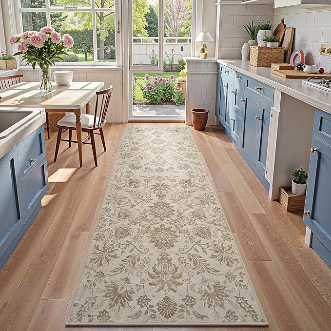 jinchan Torino Runner Rugs 3x10, Vintage-Inspired Floral Neutral Design Machine Washable Non-Slip Ultra-Thin Low-Pile Rubber Backing Traditional Rug for Kitchen Hallway Laundry Room Entryway Taupe