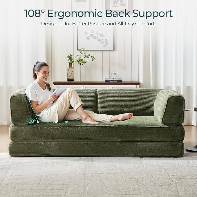 LINSY HOME 79'' Convertible Sofa Bed - Boneless Compression Sofa Folding Loveseat Sleeper - Foldable Corduroy Couch Bed for Living Room Bedroom - Modular Sectional Compressed Sofa in Box, Green