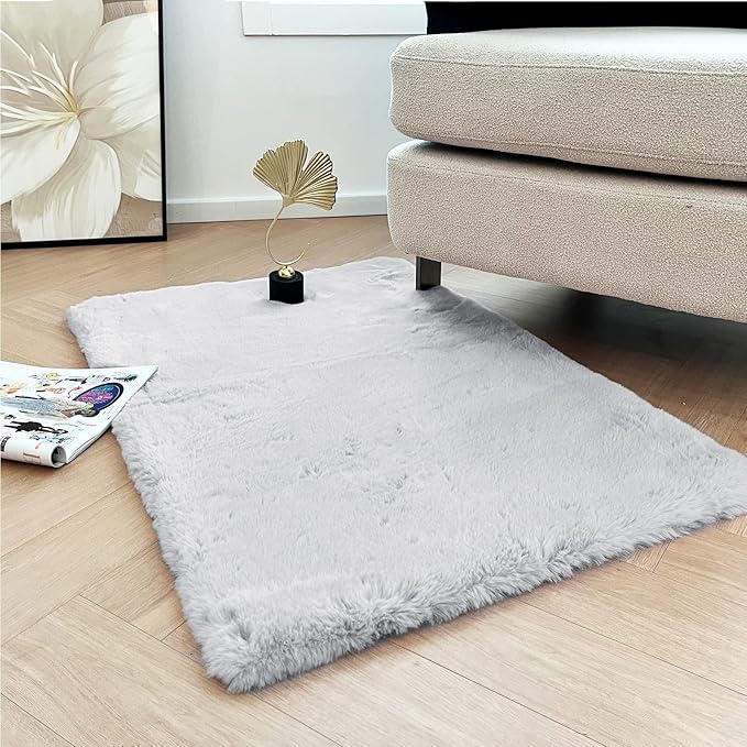 Latepis Small Grey 2x3 Fluffy Rug Washable Rugs Faux Rabbit Fur Shag Gray Rugs Plush Furry Shaggy Rug for Bedroom Dorm Chair Seat Cover Nursery Teen Room