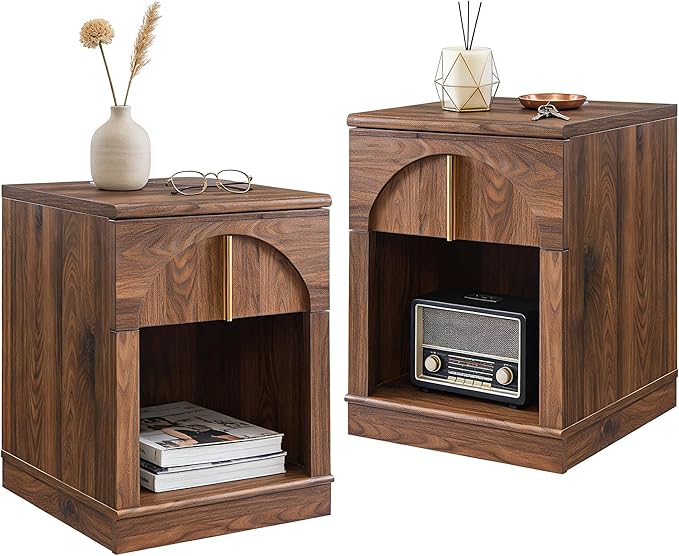 ACCOHOHO Modern Night Stand Set 2 with Arched Panel,18" Wooden nightstand with Charging Station,Bedside Table with Drawer Storage,Side End Table with Open Shelf for Bedroom、Living Room,Brown