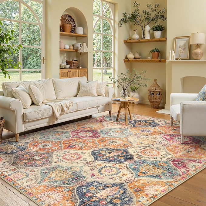 Lahome Moroccan Machine Washable Rugs for Living Room, 4x6 Rug for Bedroom Non-Slip Vintage Trellis Ultra-Thin Throw Carpet for Dining Room Office Nursery, Cream/Multi