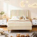 Twin Platform Bed Frame, Velvet Upholstered Bedframe with Vertical Channel Adjustable Headboard, Golden Plating Trim, Mattress Foundation with Wooden Slats, No Box Spring Needed, Beige