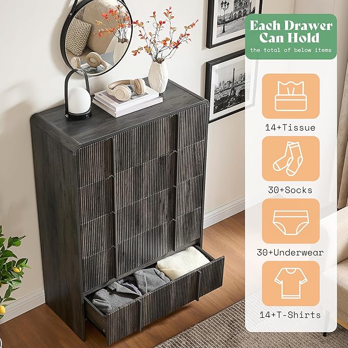 AMERLIFE Fluted 5 Drawer Dresser, 48" Tall Modern Chest of Drawers with Pine Handles, Rounded Corners & Anti-Tip Design, Wood Drawer Organizer for Bedroom, Living Room, Hallway, Black