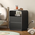 Dresser with 2 Drawers and Charging Station, Fluted Bedside Table with Round Curved Corner, Hidden Handles, 2 AC Outlets and 2 USB Ports, Modern Wood End Table with Open Shelf for Bedroom