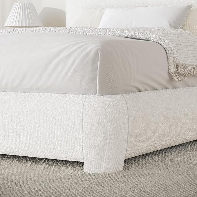 BarnFurin Boucle Upholstered Bed Frame King Size/Cloud Bed Frame/Soft Rounded Corners Headboard/Low Profile/No Box Spring Needed/White