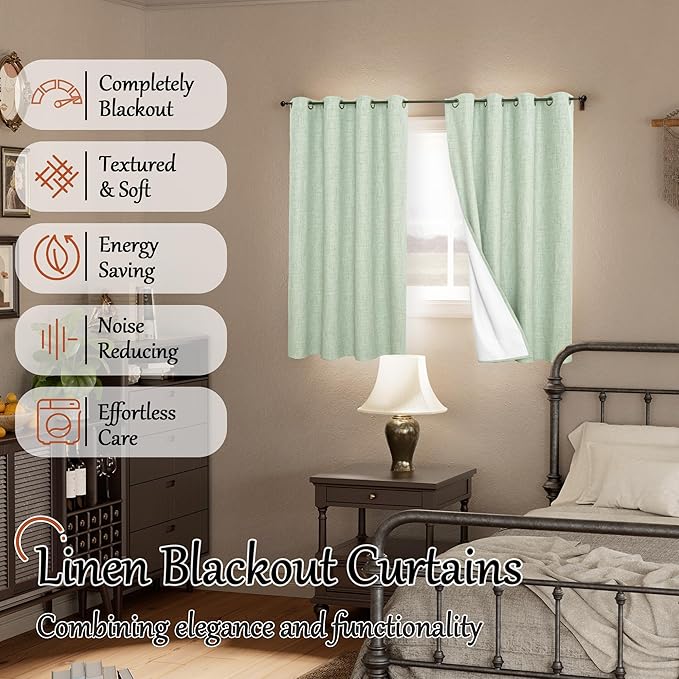 Sage Green Blackout Curtains for Bedroom - Linen Curtains 54 Inch Length Thermal Insulated Privacy Burlap Boho Window Drapes for Basement Scandi Farmhouse Nursery, 2 Panels, Each 52" Wide