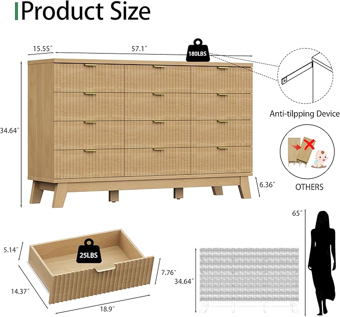 Fluted Dresser for Bedroom with 12 Drawers, 57" Wide Modern Chest of Drawers with Metal Handle, Wooden Dresser TV Stand, Wood Closet Clothes Storage Organizer for Living Room, Hallway, Natural Oak