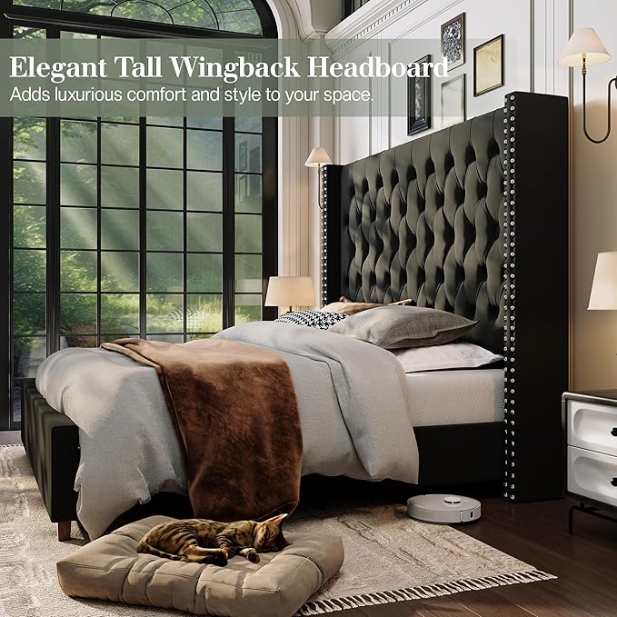 Jocisland Queen Size Bed Frame with 61.4" Tall Headboard, Velvet Upholstered Wingback Platform Design, Handcrafted Pleats& Deep Button Tufted, Solid Wood Legs, No Box Spring Needed, Black