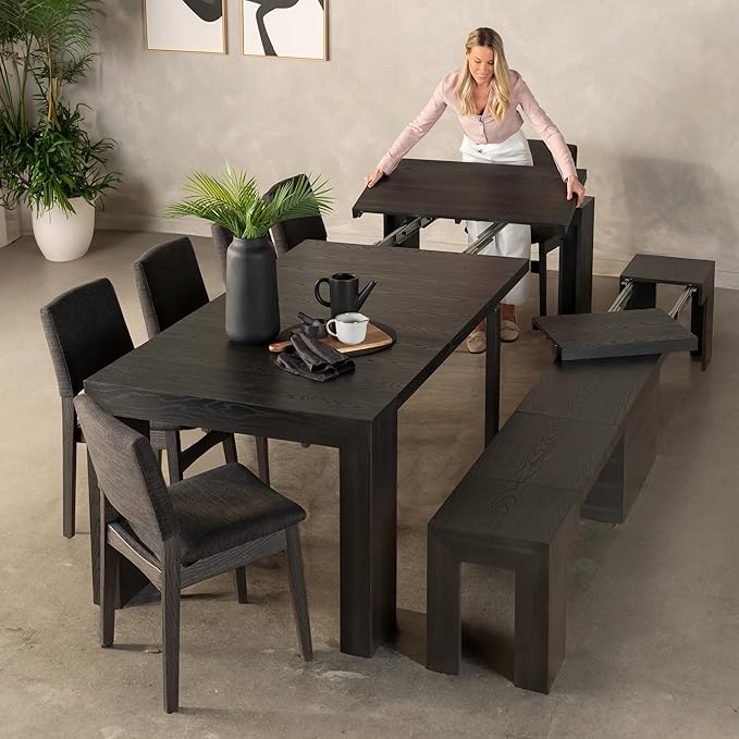 Transformer Table - Solid Wood Extendable Dining Table, Seats 2-12, Extendable Dining Room Table, Space-Saving Furniture, Expandable Dining Furniture (Black, Table + Bench + 4 Chairs)