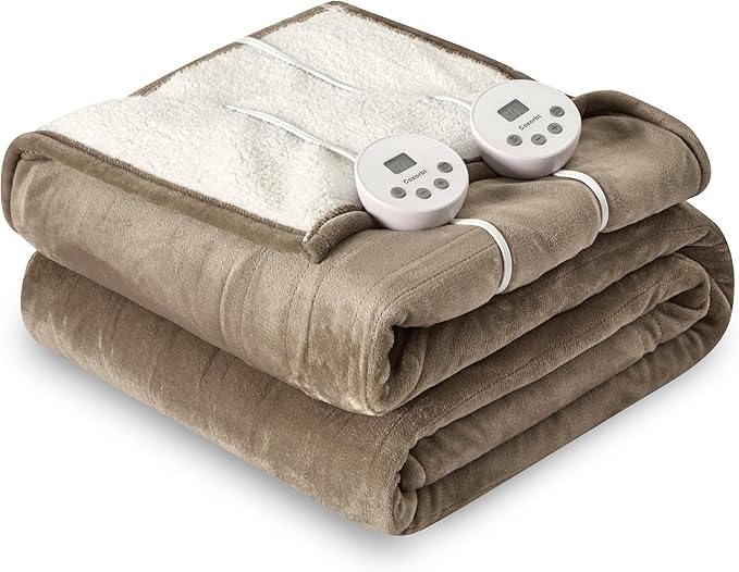 Heat Blanket 84”x90” Queen Size-Dual Control，Soft Flannel & Sherpa Electric Blanket with 10 Heat Settings,12 Timer Setting and 8 Hours Auto-Off,ETL Certified Machine Washable,Light Brown