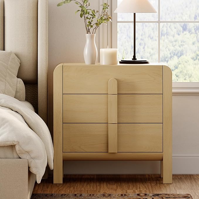 WAMPAT Modern 3-Drawer Nightstand Set of 2, 31.5" Tall Nightstand End Table w/Curved Profile Design,Wooden Bedroom Dresser with Large Chest of Drawers,Bed Side Table for Bedroom,Living Room, Oak