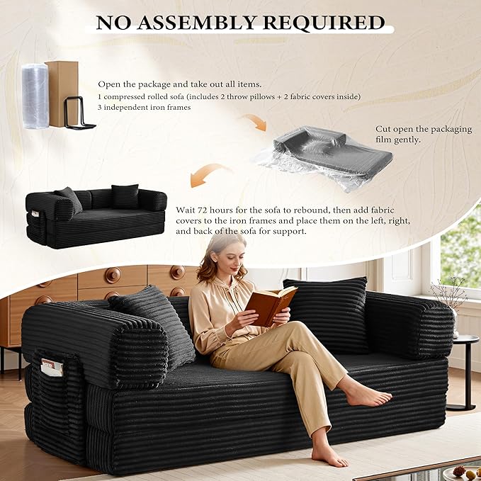Boneless Couch Folding Couches for Living Room Sofa, Futon Sofa Bed with Sleeper Sofa, Futon Couch with Fixed-Shape Oversized Corduroy Upholstered (Black, 81 Inches)