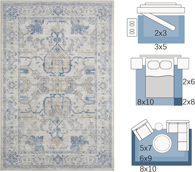 jinchan 8x10 Area Rugs for Living Room Washable Soft Throw Rug Ultra-Thin Stain Resistant Non-Slip Distressed Vintage Floral Large Carpet for Bedroom,Dining Room,Home Office,Nursery (8x10ft,Blue)