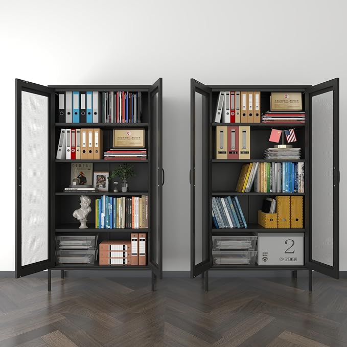 COFaR Modern Mesh Storage Cabinet, Free Standing Tall Pantry, Cupboard Metal Display Cabinet for Living Room, Kitchen, Dining Room