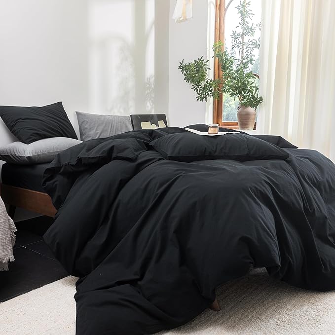 FOSSA Duvet Cover Set 100% Washed Cotton Linen Feel Super Soft Breathable Cozy 3 Pieces Bedding Sets Solid Black Oversized Queen