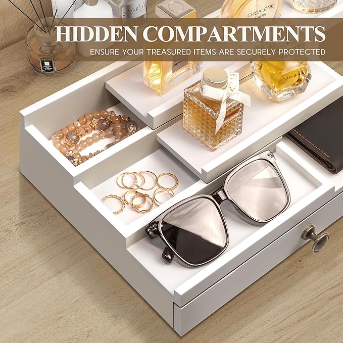 EOSAHR Modern Wooden Cologne Organizer for Room Decor - 3 Tier Cologne Holder with Storage Drawer and Hidden Compartment - Perfume Organizer for Dresser (White)