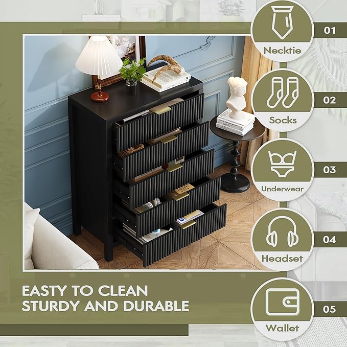 43" 5 Drawer Dresser Tall Dresser Organizer TV Drawer Cabinet Modern Wood Storage Cabinet, Modern Wood Storage Cabinet for Bedroom, Hallway, Entryway, Black