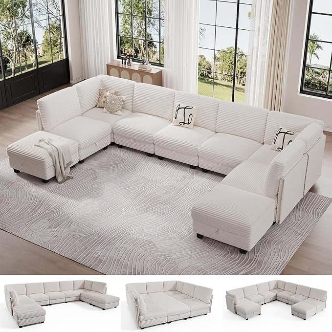 Modular Sectional Sofa with Adjustable Backrest, Large Convertible L/U-Shaped Sleeper Couch for Living Room, Cloud Sofa Bed Modern Reversible Design, White