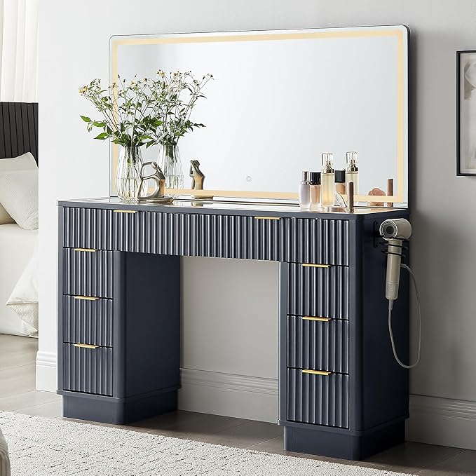 T4TREAM 48" Fluted Makeup Vanity Desk with Large Led Lighted Mirror, Modern Vanity Table with 8 Drawers & Charging Station, Glass Top Dressing Table for Bedroom, Dark Grey