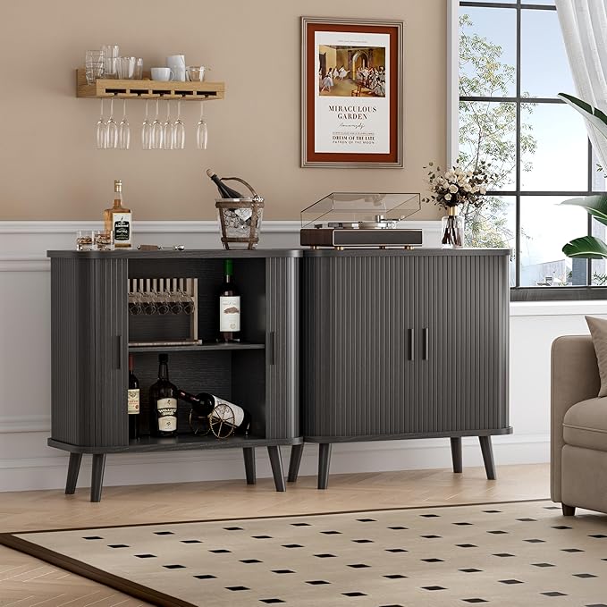 Buffet Cabinet with Storage, Curved-Edge Fluted Storage Cabinet Sideboard, Modern Black Sideboard Buffet with Adjustable Shelves & Sliding Door for Dining Room, Kitchen, Entryway