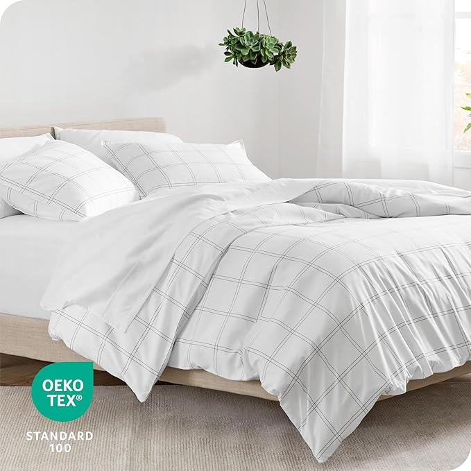 Bare Home Duvet Cover - Oversized Queen Size Bedding Set - Premium 1800 Super Soft Collection - Lightweight, Cooling - Soft Breathable Duvet Cover (Oversized Queen, Modern Plaid - White/Grey)