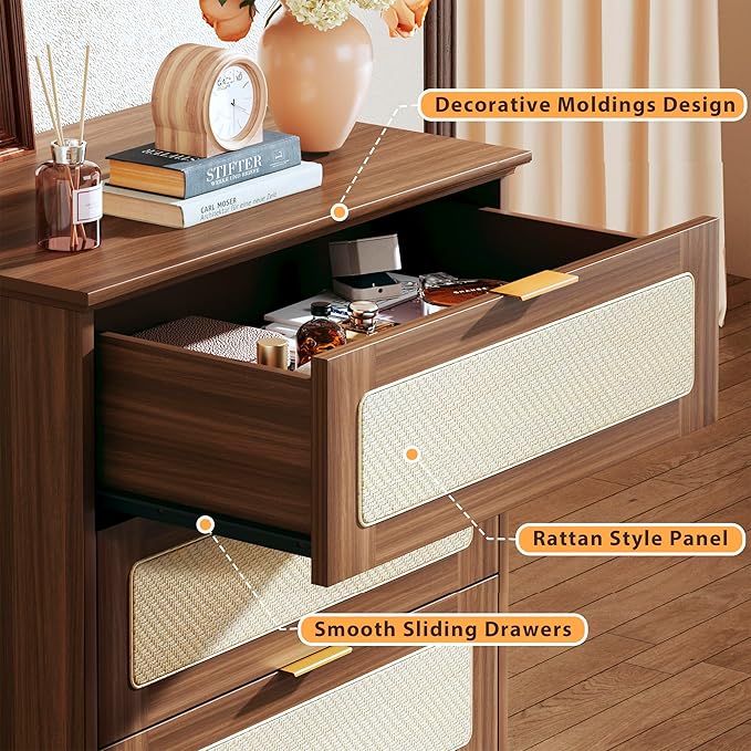 6 Drawer Dresser for Bedroom, 50 Inch Tall Dressers & Rattan Chest of Drawers, Mid Century Style, Wood Modern Dressers Organizer for Bedroom, Living Room, Hallway, Entryway, Walnut