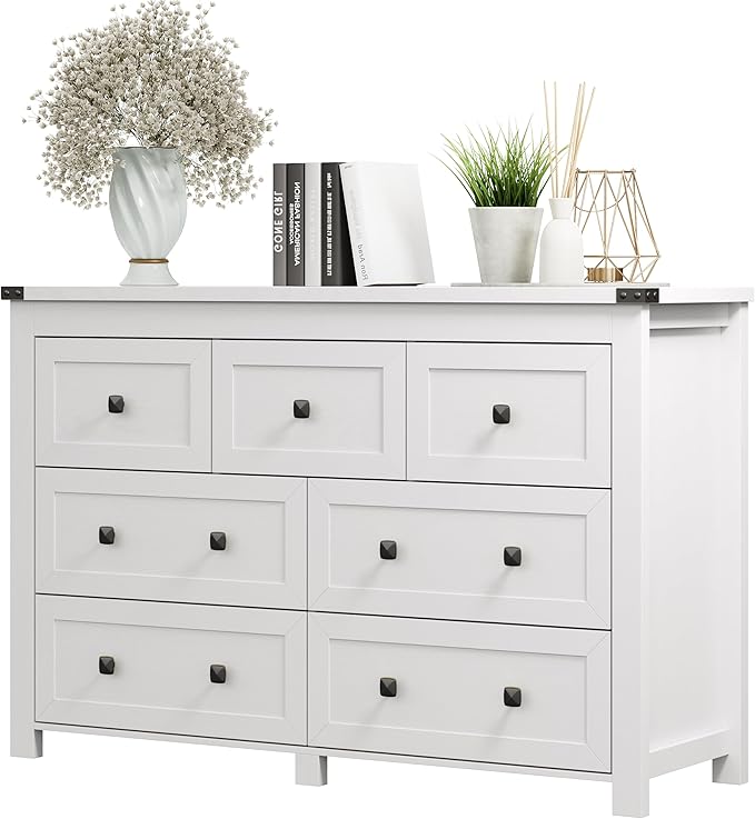 Dresser for Bedroom with 7 Drawers, Farmhouse Wood Chest of Drawers, Wide TV Stand Closet Storage Furniture with Metal Handle, Modern Clothes Organizer for Hallway, Living Room, Entryway, White
