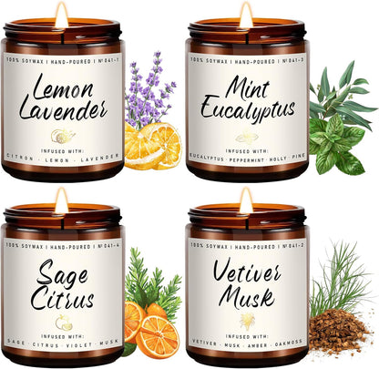 Auelife Scented Candles Set | Scented Candle for Home - 4 Pack Candle Gifts, Soy Candles for Home - Aromatherapy Gift of Mint Eucalyptus/Lemon Lavender/Sage Citrus/Vetiver Musk