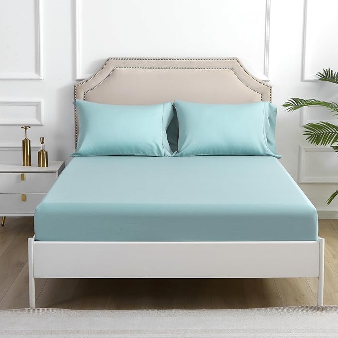 Linen World Lyocell Cooling Bed Sheets Set King Size,100% Organically Grown Viscose Sheets,Deep Pocket Up to 16",4 Pieces Silky Soft,Breathable Bedding Sheets & Pillowcases(Ice Blue,King)