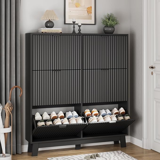 Shoe Cabinet with 6 Flip Drawers, 54" Tall Narrow Fluted Shoe Storage Organizer for Entryway, Hidden Slim Wooden Shoe Rack Cabinet for Front Door Entrance, Hallway, Living Room, Solid Black