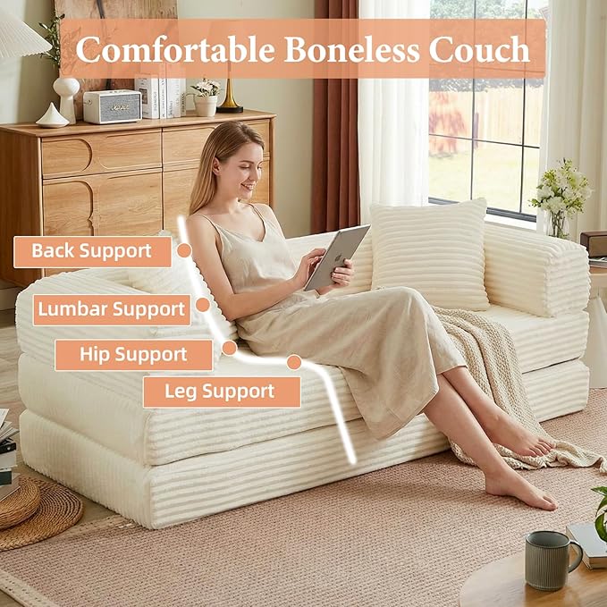 78 Inch Convertible Futon Sofa Bed,Folding Boneless Couch with Sleeper Sofa,Fold Out Floor Sofa Couch with Deep Seat,Cloud Corduroy Foldable Mattress Couches for Living Room(Off White)