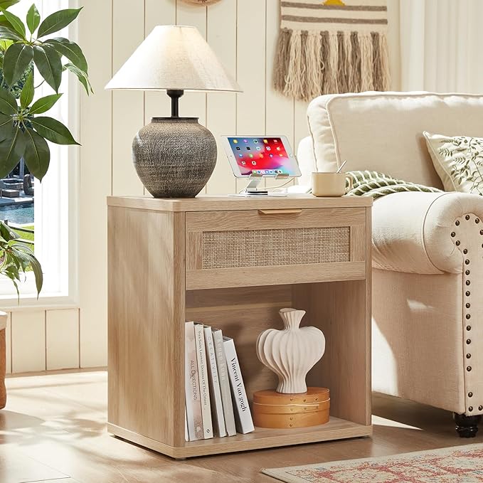 LEYAOYAO Rattan Dresser and Nightstand Set of 3, Boho Wood Dresser for Bedroom with 6 Drawers and Night Stand with Charging Station, Bedroom Furniture, Dressers & Chests of Drawers,Hallway,Living Room