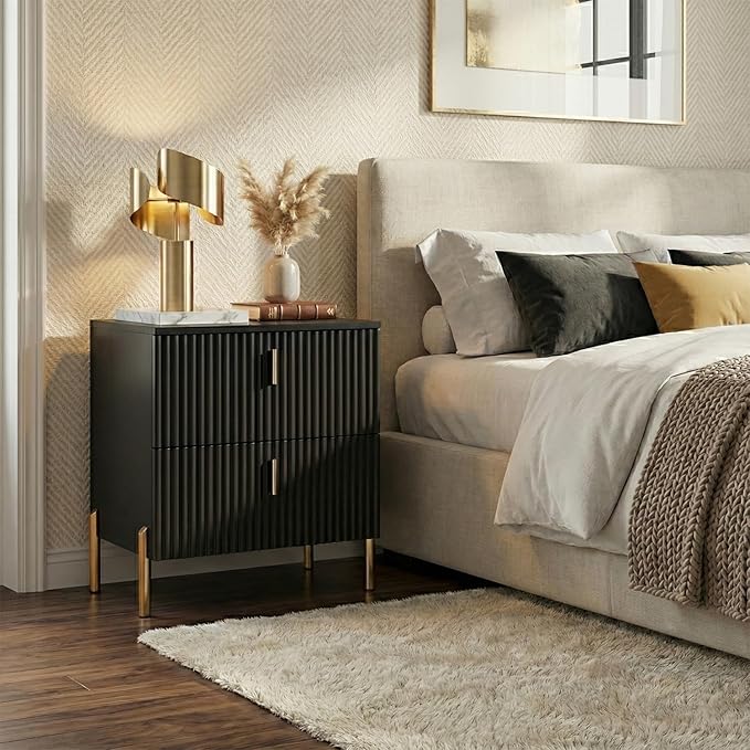 Luxury Fluted Night Stand, Nightstand with 2 Drawers, Modern Bedside Table with Golden Legs and Handles, End Tables for Living Room Bedroom, Black