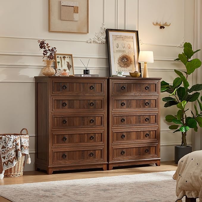 Farmhouse 5 Drawer Dresser for Bedroom Set of 2, 42.5" Tall Small Dressers & Chest of Drawers, Rustic Wood Dresser with Metal Handle, Storage Organizer Closet for Living Room, Hallway,Entryway
