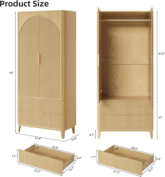 70.1" Arched Wooden Armoire Wardrobe Closet with 2 Doors and 2 Drawers,Fluted Bedroom Armoire with Hanging Rod Shelf,Wardrobe Armoire Closet Cabinet for Bedroom (Natural, 19.7)