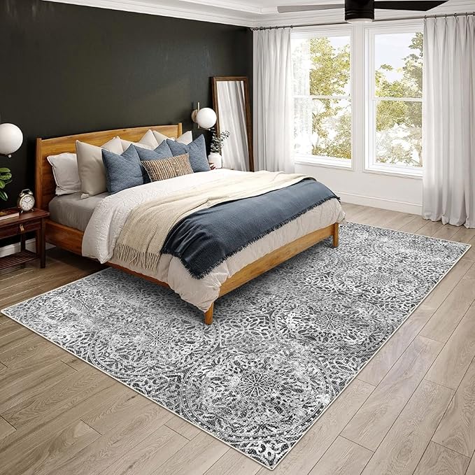 vivorug 6x9 Area Rugs, Ultra-Soft Washable Rug for Living Room Dinner Room Bedroom, Non-Slip Vintage Rug, Indoor Carpet Large Area Rug, Grey