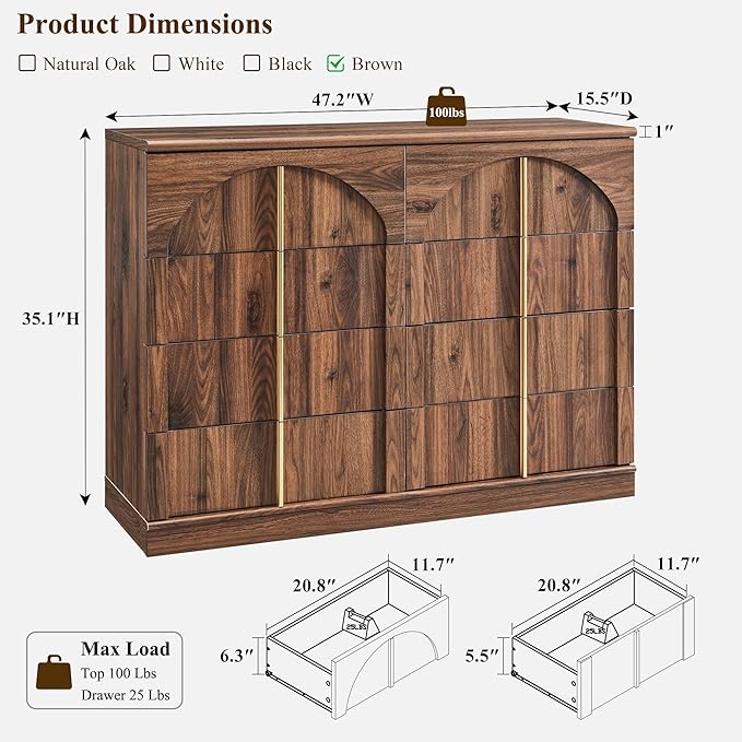ACCOHOHO Large Dresser for Bedroom with 8 Drawers with Arched Panel,Modern Minimalist Chest of Drawers with Gold Handles,Wood Storage Closet Dressers Tv Stand for Living Room, Hallway,Brown