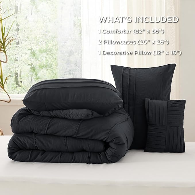 Bedsure Full Comforter Set - 4 Pieces Pinch Pleat Bed Set, Black Boho Bedding for All Season, 1 Soft Comforter, 2 Pillowcases, 1 Decorative Pillow
