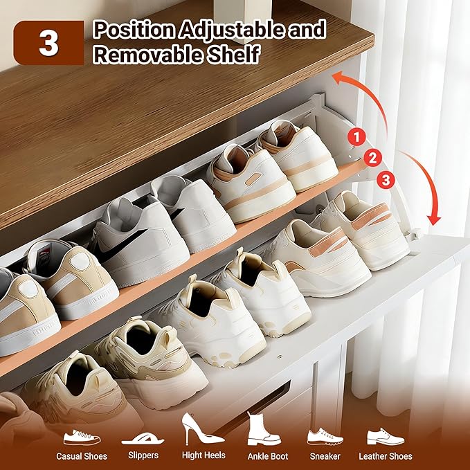 Nicetree Shaker Barn Door Shoe Storage Cabinet for Entryway, 3 Flip Drawers & 3-Tier Adjustable Shelves, Ultra Slim Freestanding, Modern Rustic Brushed White Farmhouse Shoe Rack for Hallway, Foyer