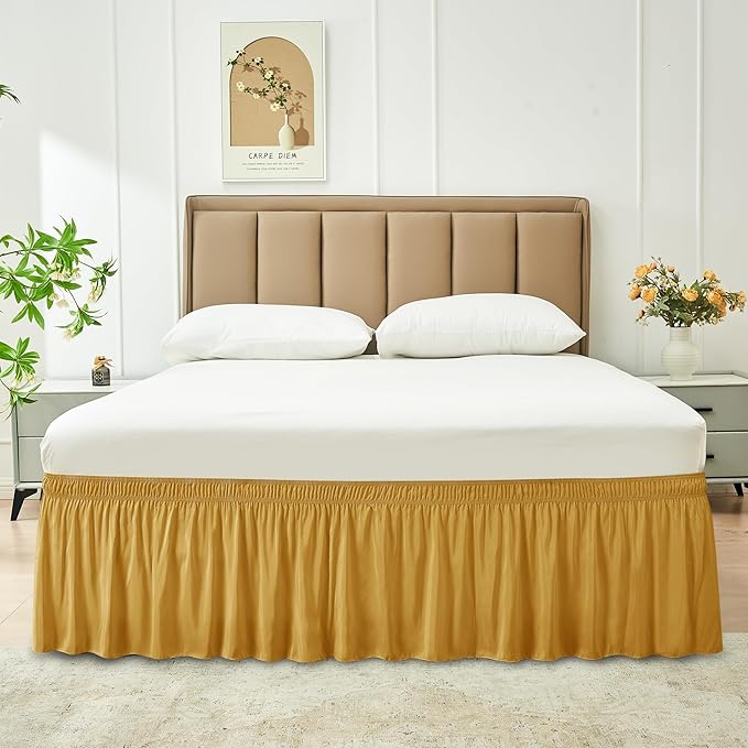 Biscaynebay Wrap Around Bed Skirts for King & Cal King Beds 21" Long Drop, Gold Adjustable Elastic Dust Ruffles Easy Fit Wrinkle Resistant Silky Luxurious Fabric Machine Washable