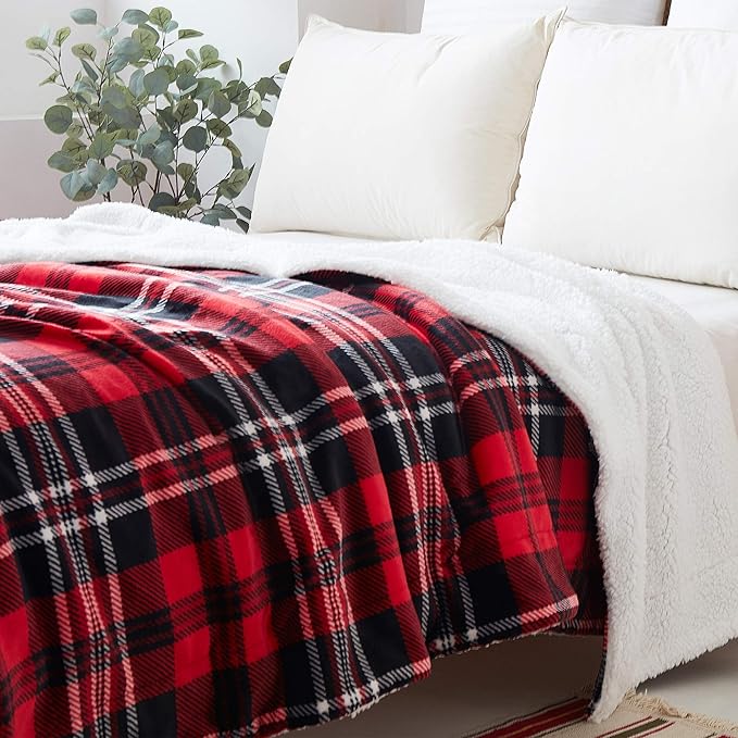 SOCHOW Sherpa Plaid Fleece Throw Blanket, Double-Sided Super Soft Luxurious Bedding Blanket 90 x 90 inches, Red/Grey