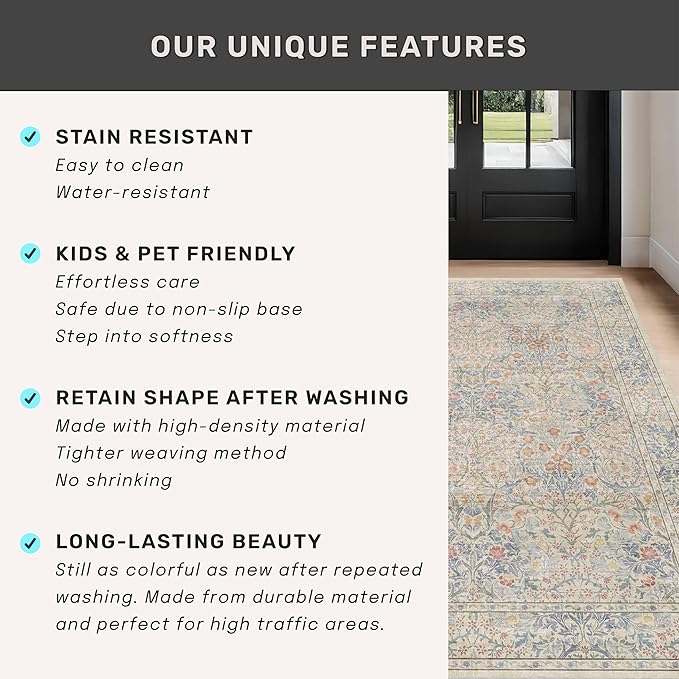Washable Bathroom Rug 2x4 Non Slip - Beige Blue Small Rugs Front Door Rugs Indoor, Vintage Cream Floral Style Rug for Kitchen, Laundry, Perfect for Entryway Décor