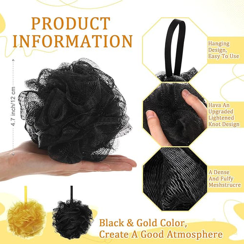 12 Pcs Halloween Bath Loofah Sponge Orange Black Loofah Exfoliating Body Scrubber Shower Sponge 50g Mesh Shower Pouf Balls Gift Set for Women Men Wedding Bathing Accessories(Gold and Black)