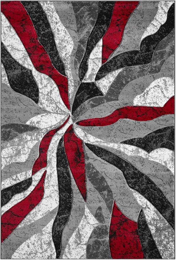 Modern Abstract Area Rug Hand Carved Contemporary Geometric Swirls Vibrant Colors Carpet for Living Room Bedroom Design PR1002 (Red, 5' x 7')