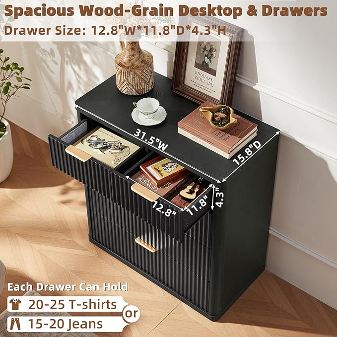 LEYAOYAO Fluted 5 Drawers Dresser for Bedroom Set of 2, 34" Tall Modern Chest of Drawers with Metal Handle, Curved Profile Design,Black Wood Drawer Organizer for Bedroom, Living Room, Hallway