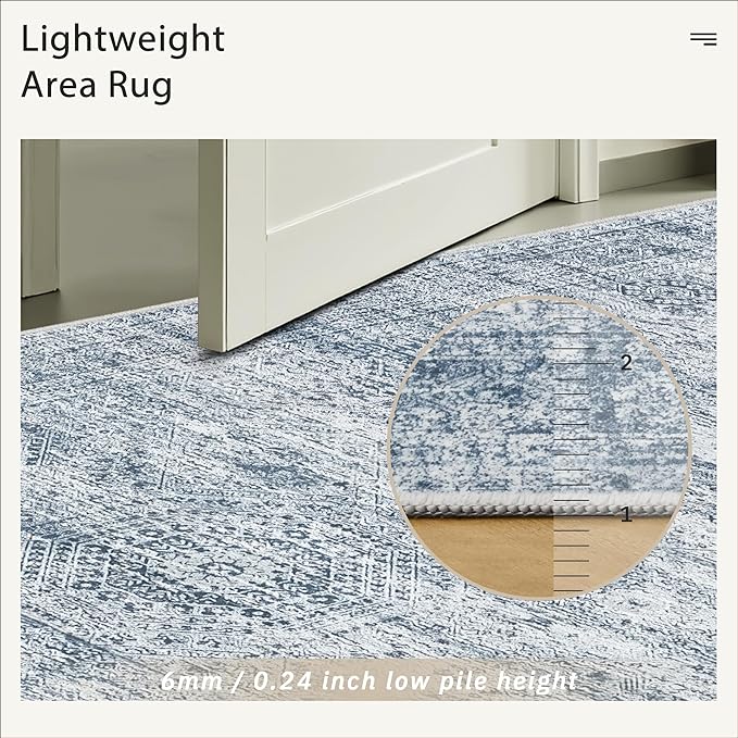 5x7 Area Rugs Blue Low Pile Indoor Washable Trendy Faded Style Rugs for Bedroom Living Room Dining Room Foldable Non-Slip Thin Print Mat