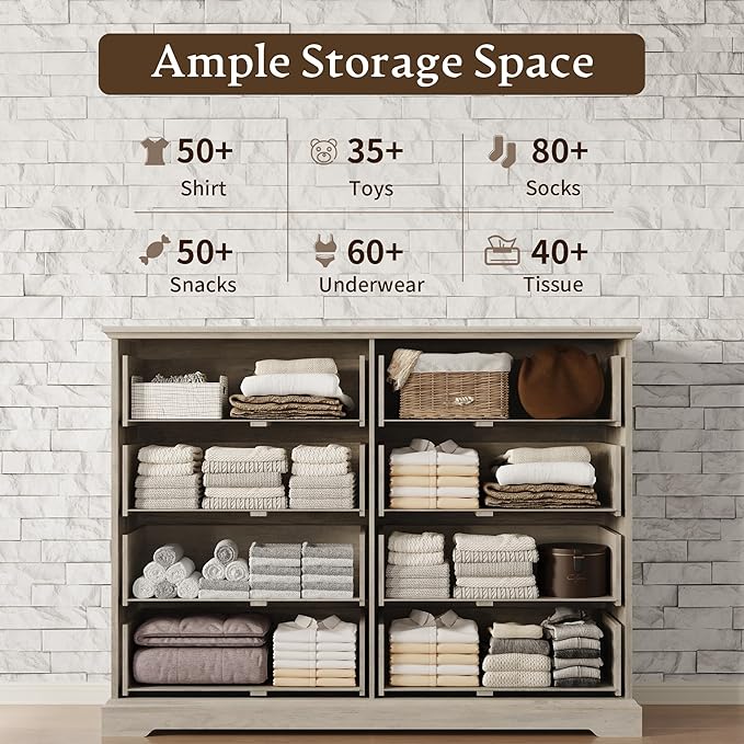 Farmhouse 8 Drawers Dresser for Bedroom, 54" Wide Modern Chest of Drawers with Deep Drawers & Bar Handles, Rustic Wood Dresser TV Stand, Wooden Closet Storage Organizer for Living Room, Hallway, Grey