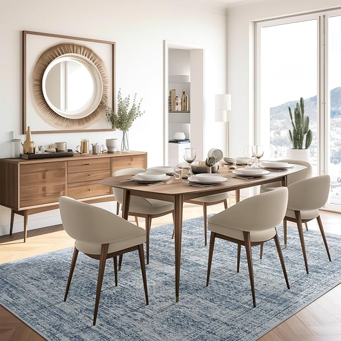 5x7 Area Rugs Blue Low Pile Indoor Washable Trendy Faded Style Rugs for Bedroom Living Room Dining Room Foldable Non-Slip Thin Print Mat