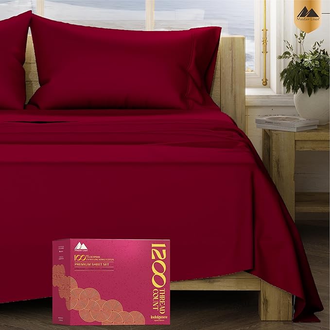 Mayfair Linen 100% Egyptian Cotton Queen Sheet Set - Luxury 1200 High Thread Count Egyptian Cotton Sheets Queen Size (4 PC, Burgundy), Silky Soft, Cooling, 17" Deep Pocket Sateen Weave Hotel Bedding